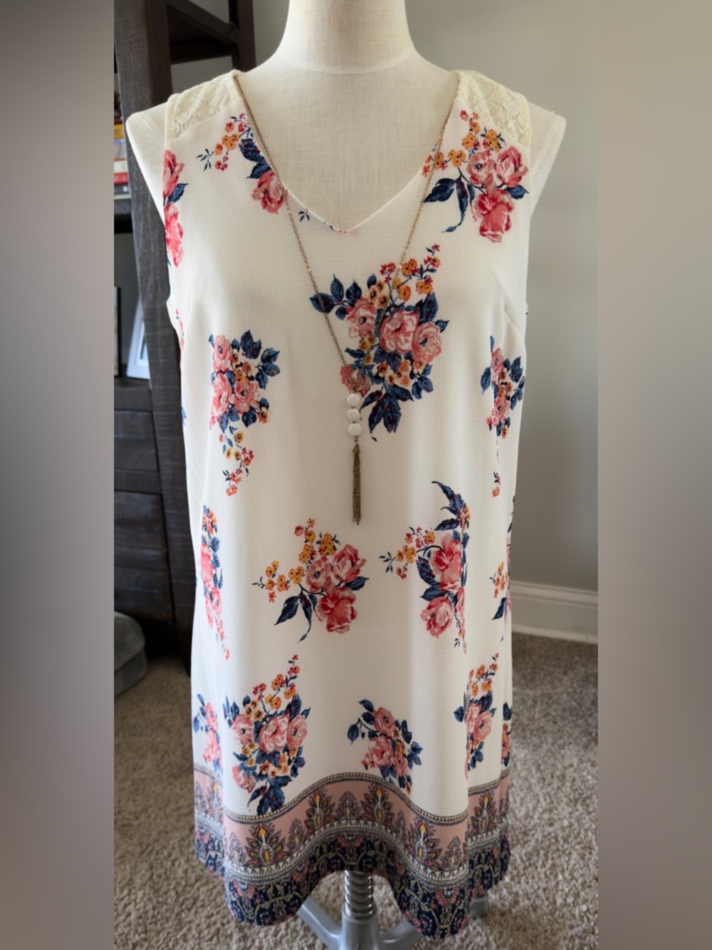 Lily Rose Cream Floral Sleeveless V-Neck Dress